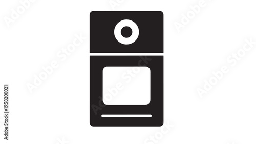 Black icon for an oven with a circular element and rectangular window, representing kitchen appliances and cooking.