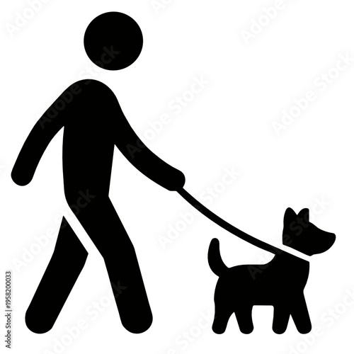 Minimal black icon of a person walking a dog on a leash. Simple vector symbol for pet care, daily routine, companionship, outdoor activity, and responsible ownership.