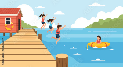 Vector illustration of people jumping into lake from wooden dock