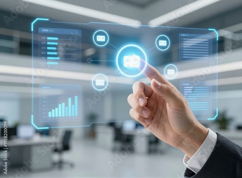 Business hand touching innovation technology interface with growth chart on virtual screen