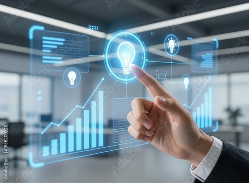 Business hand touching innovation technology interface with growth chart on virtual screen