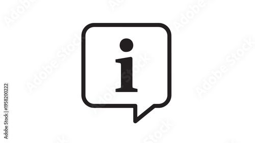 Information icon within a black speech bubble on a white background representing support or data. featuring symbol, help, knowledge with