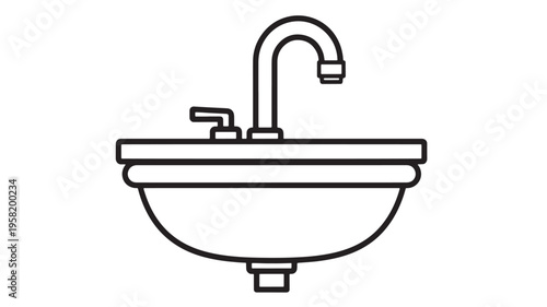 Sink with modern faucet and drain pipe illustrated with a clean black outline on a white background.
