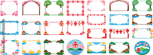 East Lake Cherry Blossom Park China Decorative Frame Border Set with Sakura Trees Pagoda and Scenic Elements Vector Collection