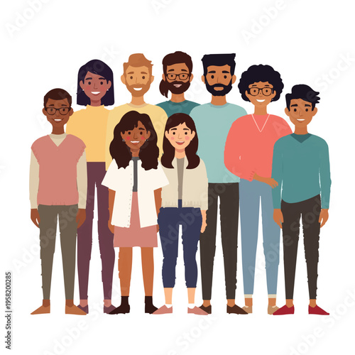 Diverse Group of People: A vibrant illustration showcasing a united group of individuals, representing a harmonious blend of cultures, backgrounds, and personalities.