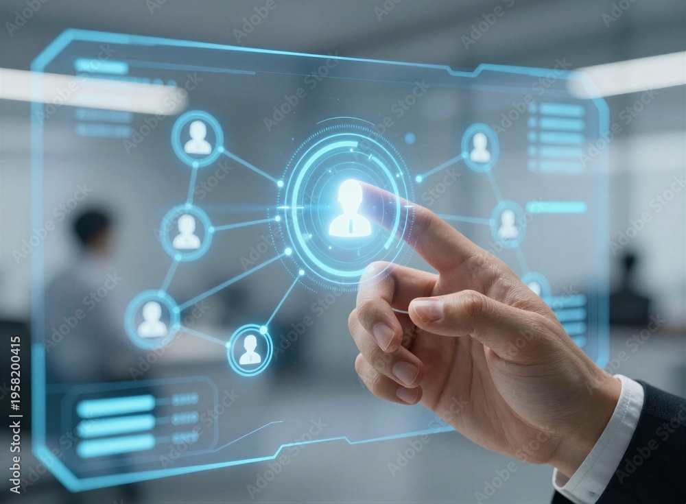 Naklejka premium Business hand touching futuristic AI interface on virtual screen in modern office