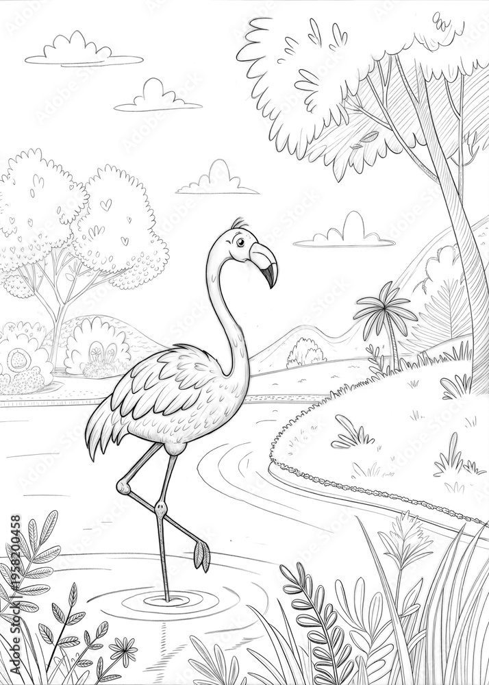 Fototapeta premium Cute Flamingo Outline Sketch for Children's Coloring Book 