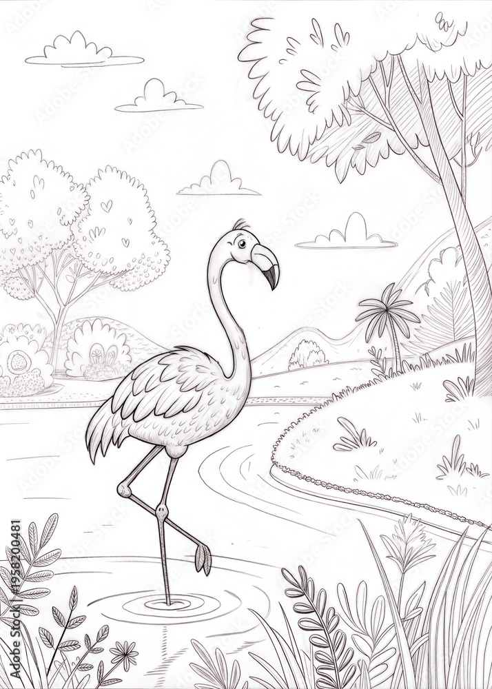 Fototapeta premium Cute Flamingo Outline Sketch for Coloring Book 