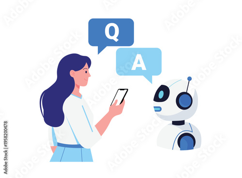 Woman interacting with a robot via smartphone