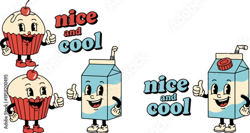 Retro Cartoon Cupcake and Milk Carton Characters Vector Set with "Nice and Cool" Text