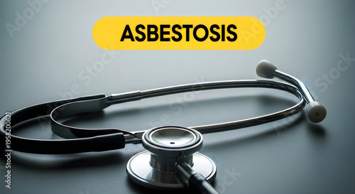 Stethoscope on table with asbestosis text on yellow background  medical concept