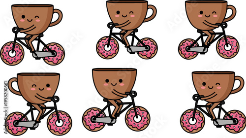 Set of 6 Cute Kawaii Coffee Cups Riding Bicycles with Pink Donut Wheels Vector Illustration