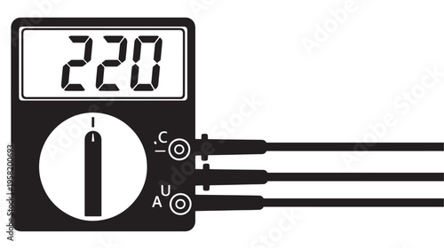 Multimeter icon with digital display showing 220, dial selector, and three connection probes for electrical measurements.