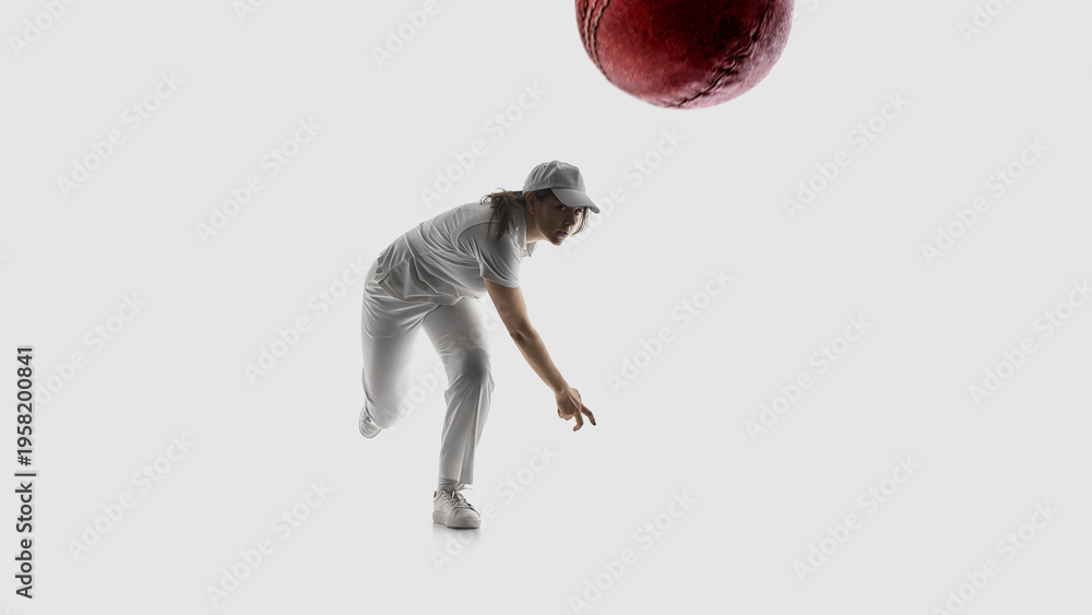 Fototapeta premium Female cricket player bowling ball action shot isolated on white background. Concept of sports betting visuals, match promo content, sports ads usage, athlete branding, performance showcase.