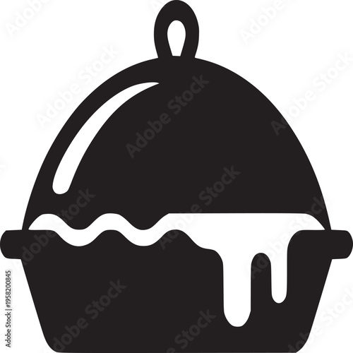 A black and white illustration of a covered dish with some kind of sauce dripping from it side view