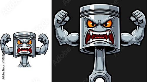 Angry Cartoon Car Engine Piston Vector Illustration with Biceps for Automotive and Mechanic Design