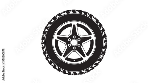 Car tire and rim with a five-spoke star design, representing automotive parts and transportation. featuring wheel, vehicle, transport with rubber and