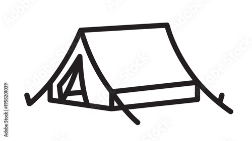 Tent simple outline icon with clean black lines and white fill for outdoor camping and adventure. featuring shelter, travel, nature with wilderness