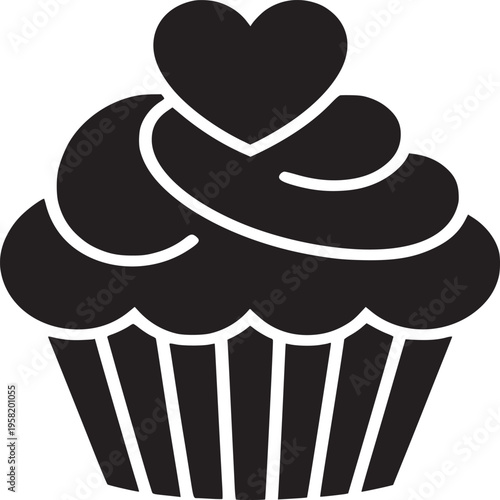Black silhouette of a cupcake with a heart on top against a white background in a simple design