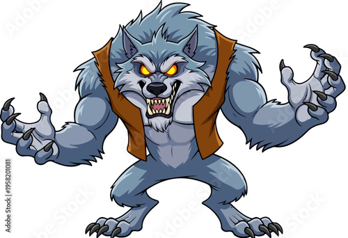 Furious Gray Werewolf Cartoon Vector Illustration with Sharp Claws and Fangs, Wearing Brown Vest