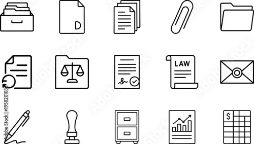 Collection of line icons related to business, law, and finance