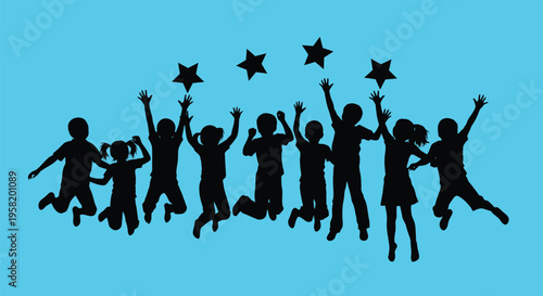 Set of 8 black silhouettes jumping with stars vector