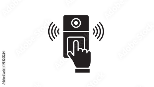 Doorbell button icon with hand and wireless signal waves, symbolizing home security and access control.