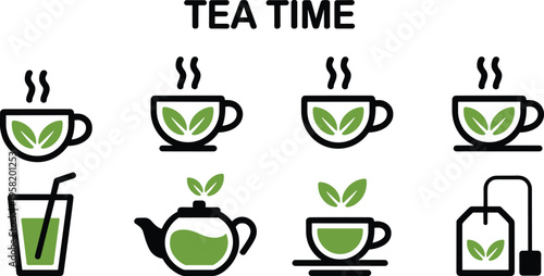 Green tea icon set featuring steaming cups a teapot and tea bag for healthy lifestyle and café branding.