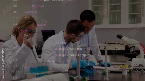 Three researchers doing tests with pipette and flask code overlay appearing, showing cyber risks