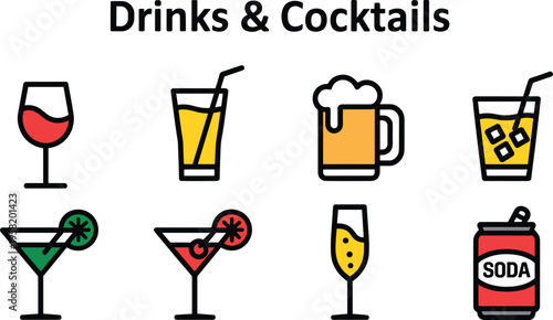 Colorful bold outline beverage icon set featuring wine cocktails beer soda and juice for restaurant bar menu design.