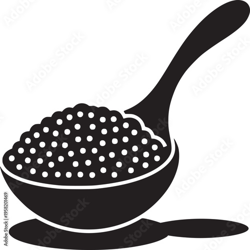 A black and white illustration of a spoon filled with small round objects on a white background