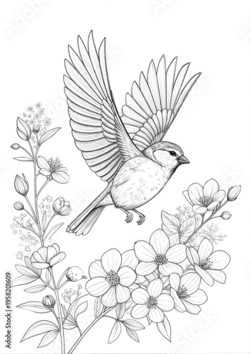 A cute sparrow flying in front of a blooming flower, drawn as an outline sketch, only black lines, no colors, simple and clean for a children's coloring book.