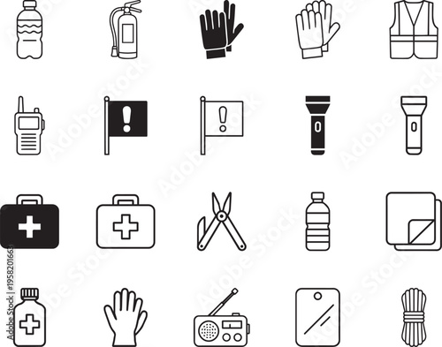 Emergency kit icons with flags and tools