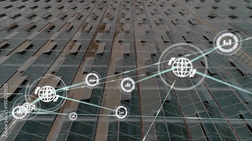 Faint HUD appearing near center left spawning globe nodes lines connecting across glass facade tech