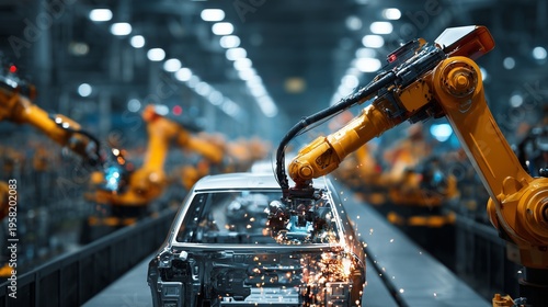 Robotic arm assembling an automotive body on an industrial vehicle production line, symbolizing automation, precision, and manufacturing efficiency.