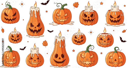 Halloween Pumpkin and Candle Set with Jack O Lantern Faces, Autumn Leaves, and Spooky Holiday Decorations Vector Illustration Collection