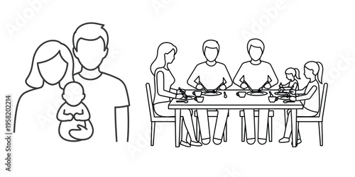 Family illustration with parents and baby separate from table with adults