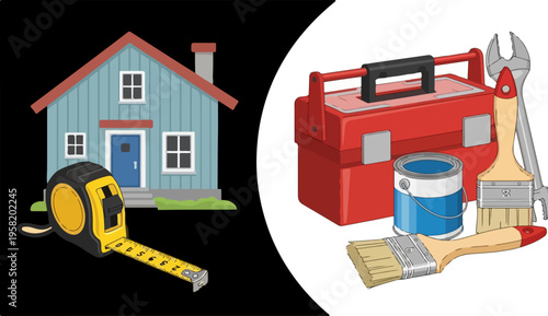 Home renovation and repair tools vector illustration with house, toolbox, paint, and brushes