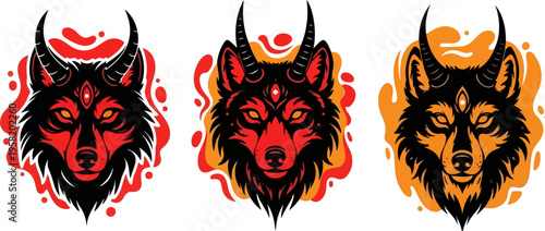 Set of 3 horned wolf head illustrations in red and orange, vector for gaming or mascot design