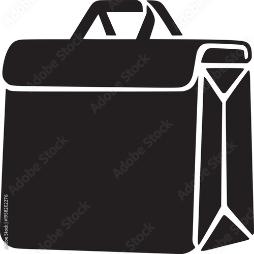 A graphic black and white silhouette illustration of a briefcase with handles on a white background