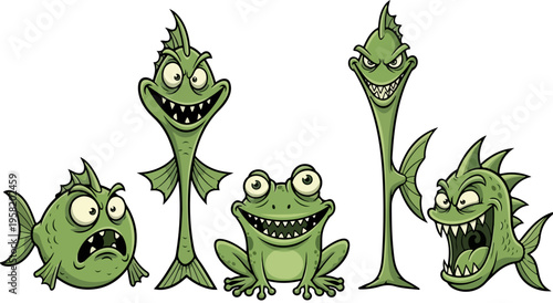 Set of 5 funny green cartoon monster fish and frog characters vector illustration