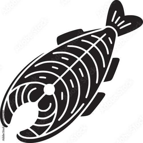 Stylized black and white illustration of a fish steak with visible bone structure and tail fins