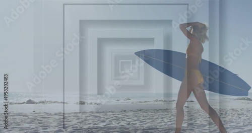 Vertical video: Walking bikini surfer holding blue board on sand pulsing nested graphic, copy space
