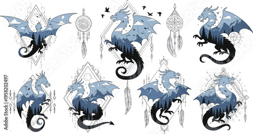 Dragon Double Exposure Illustration Set with Mountain Landscape, Dreamcatcher, and Fantasy Dragon Silhouette Vector Illustration Collection