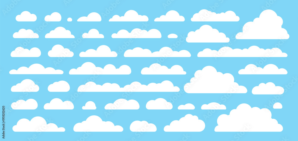 Fototapeta premium Fluffy white cloud icon set. Simple flat cartoon clouds in blue sky background. Children weather design elements. Vector illustration