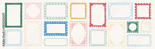 Retro postal stamp frame set. Hand drawn whimsical vintage summer vacation postage borders. Scrapbook paper album decoration. Vector illustration