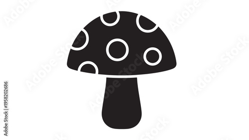 Mushroom icon with white polka dots on a black cap and stem, simple graphic illustration featuring fungi, spot, nature with forest and woodland