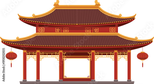 Traditional Chinese temple architecture with red pillars and curved roof for lunar new year and oriental cultural design.