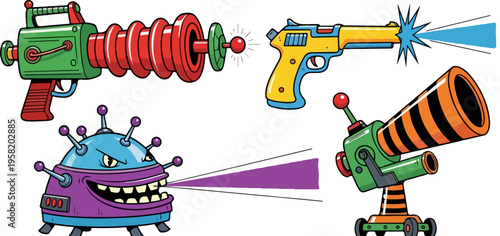 Set of 4 Retro Cartoon Ray Guns and Alien Monster Vector Illustrations for Sci-Fi Designs