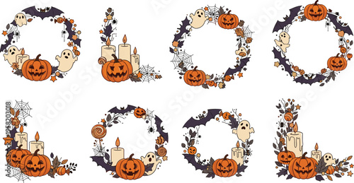 Halloween Wreath Collection with Pumpkins, Ghosts, Bats, Candles, and Autumn Leaves Decorative Frames Vector Illustration Set